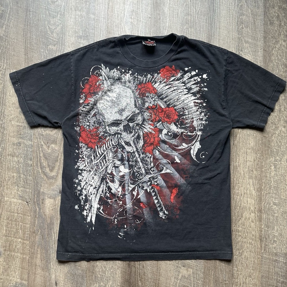 Vintage Miami Ink T-Shirt Mens Large Black Graphic Skeleton Tattoo VTG Y2K